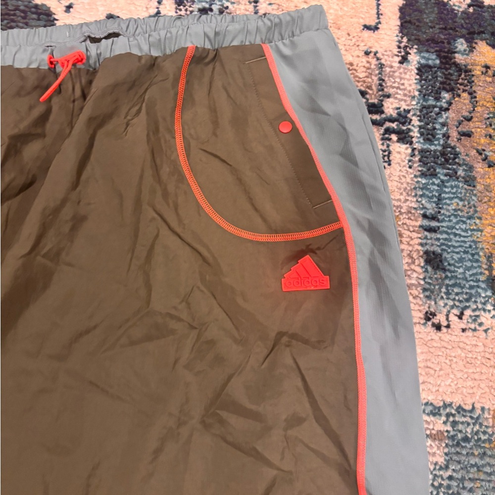 Adidas Gray and Army Green Windbreaker Skirt with Neon Orange Details